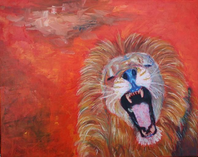 Löwenherz Ich frage mich, ob brüllende Löwen beißen. Oder beißende Löwen auch brüllen oder manche nur brüllen und manche nur beißen. Und woran erkennt man was für eine Art Löwe vor einem steht?  50 x 40 cm, Acryl und Ölpastell auf Leinwand